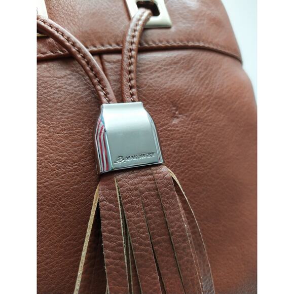 B. Makowsky Brown Leather Pocket Drawstring Tassel Crossbody Bag - Picture 4 of 13